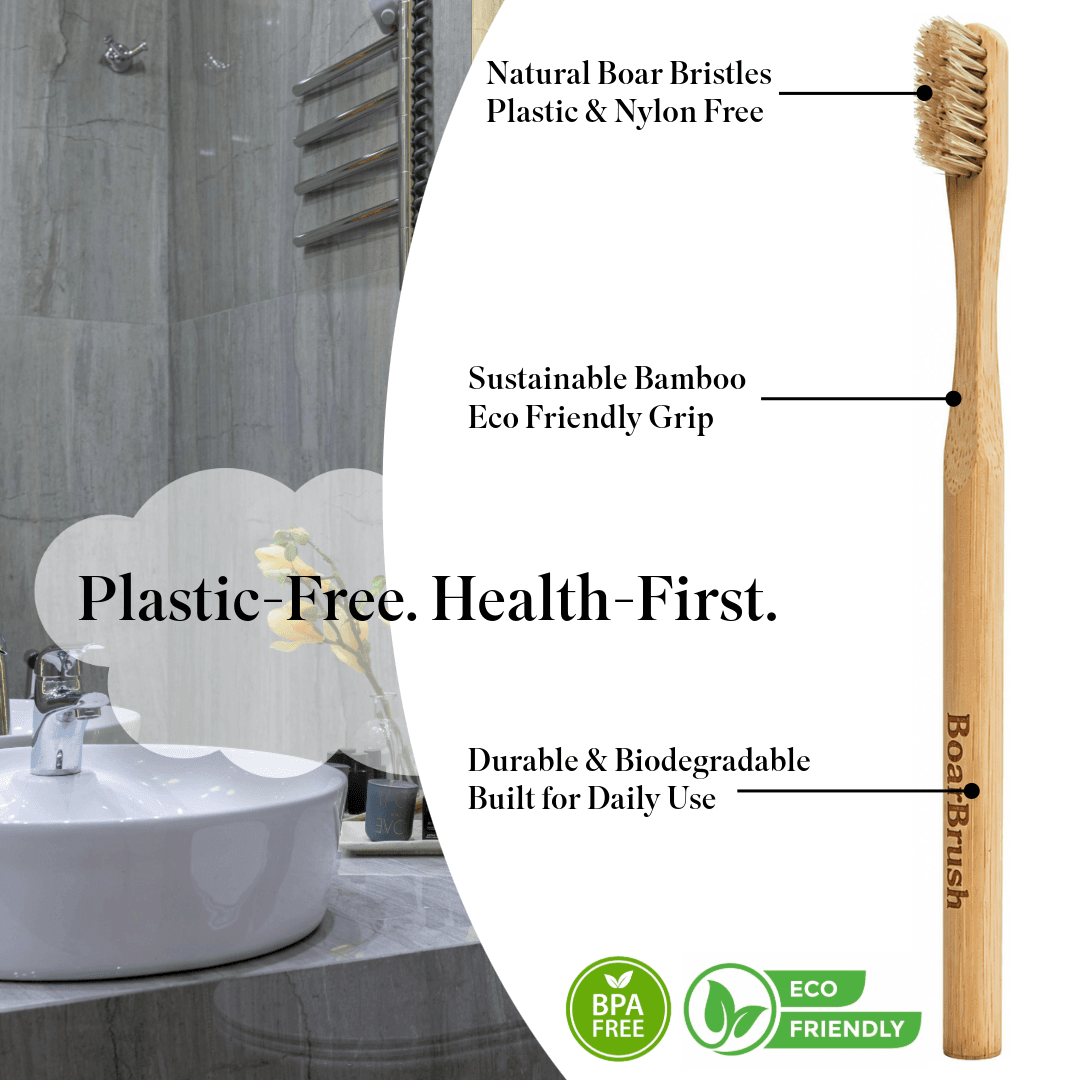 BoarBrush features: natural boar bristles, bamboo handle, biodegradable