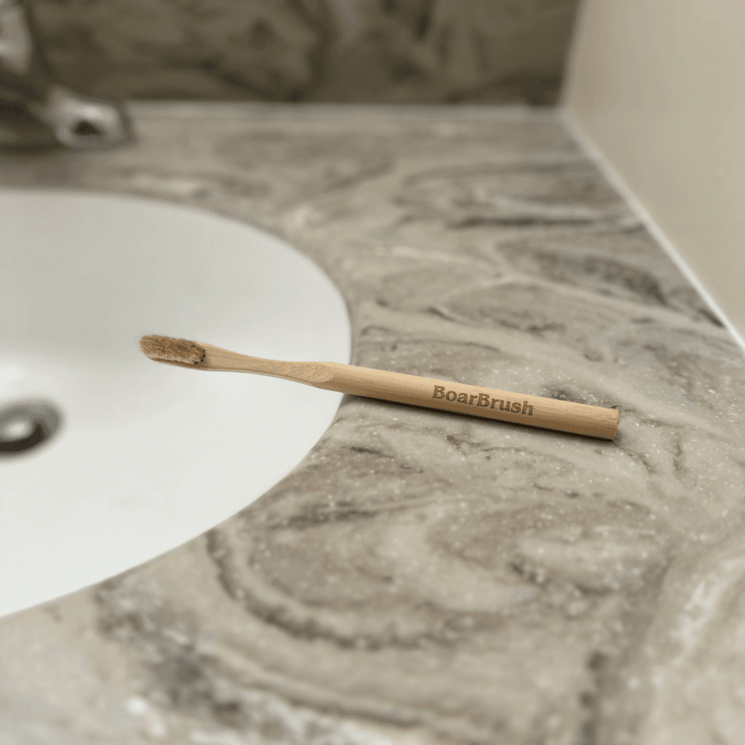 BoarBrush on a bathroom counter